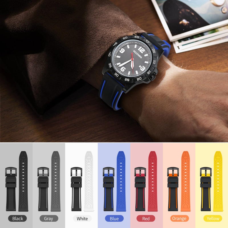 ULLCHRO Silicone Watch Strap Replacement Rubber Watch Band Waterproof Bicolor Men Women - 20, 22, 24, 26mm Watch Bracelet with Brushed Stainless Steel Buckle Black (26mm, black & blue) - Image 3